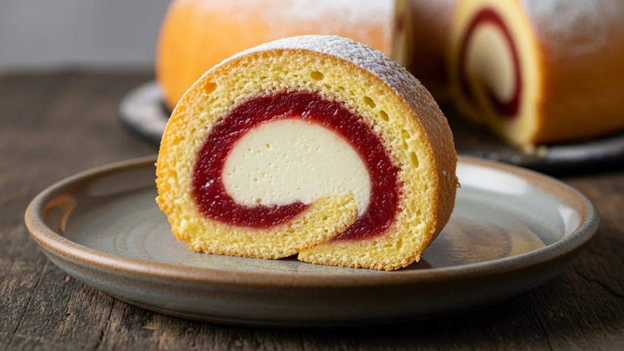 Fatia de rocambole Romeu e Julieta fofinho, exibindo o espiral da massa dourada com o recheio cremoso de queijo e a goiabada brilhante, servida em um prato com açúcar de confeiteiro polvilhado por cima.