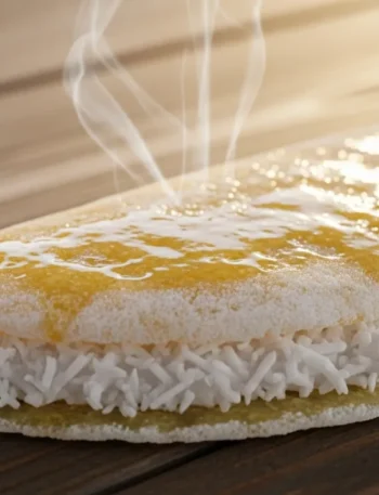 Close-up de uma tapioca com coco cremosa dobrada ao meio em um prato, com o recheio de coco ralado visível e um brilho de manteiga derretida na massa.