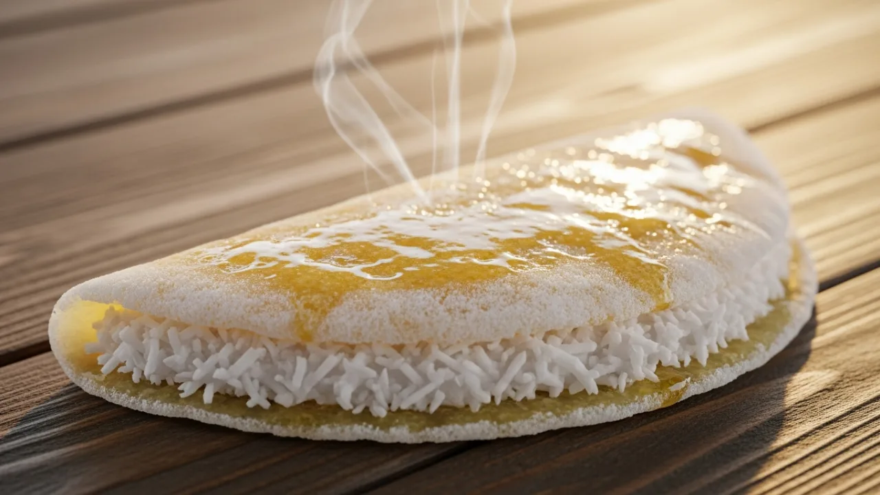 Close-up de uma tapioca com coco cremosa dobrada ao meio em um prato, com o recheio de coco ralado visível e um brilho de manteiga derretida na massa.