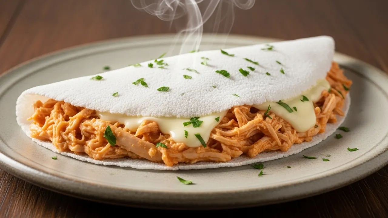 Close-up de uma tapioca com frango cremosa e suculenta, dobrada ao meio em um prato, mostrando o recheio molhadinho com queijo derretido.