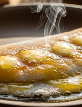 Close-up de uma tapioca com manteiga douradinha, dobrada ao meio em um prato, com as bordas crocantes e vapor subindo delicadamente.