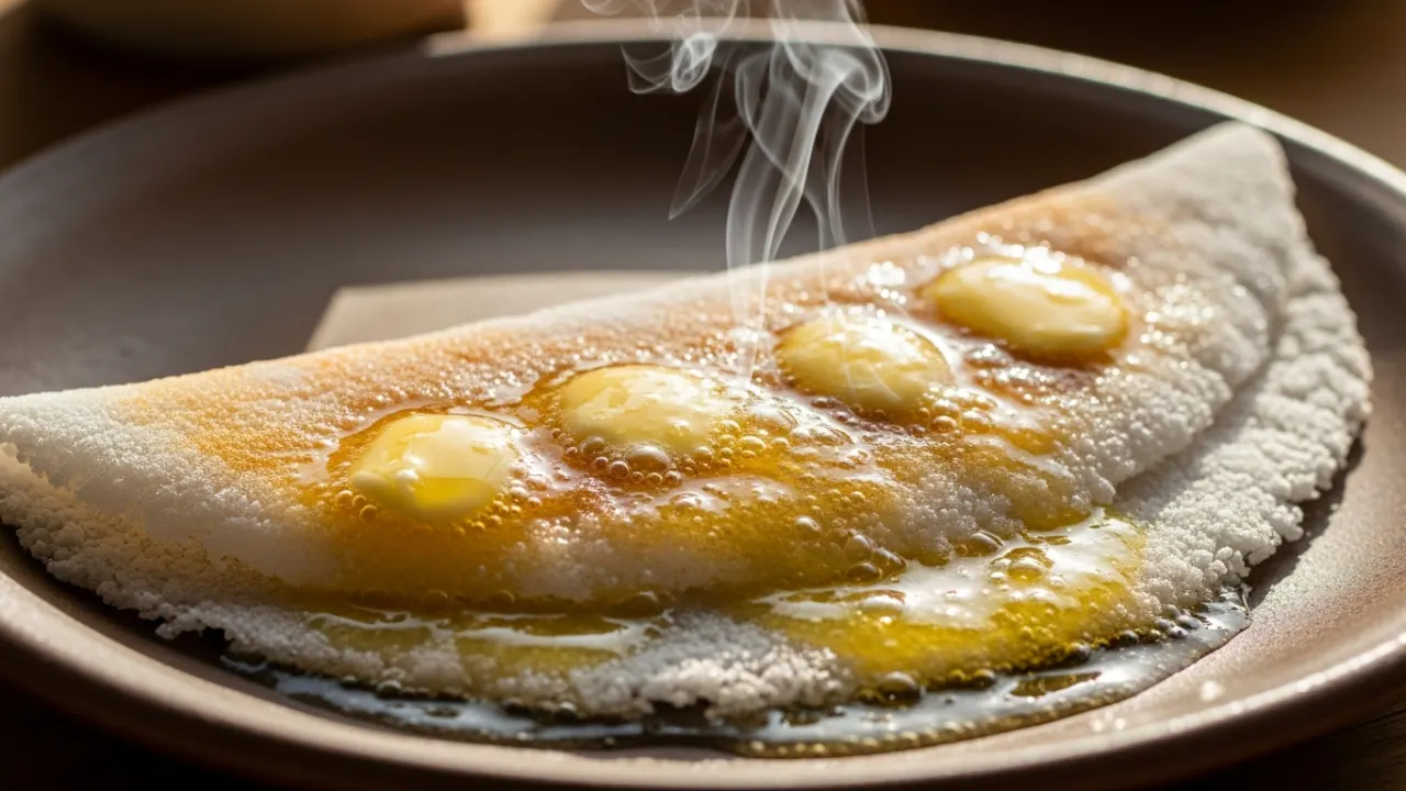 Close-up de uma tapioca com manteiga douradinha, dobrada ao meio em um prato, com as bordas crocantes e vapor subindo delicadamente.