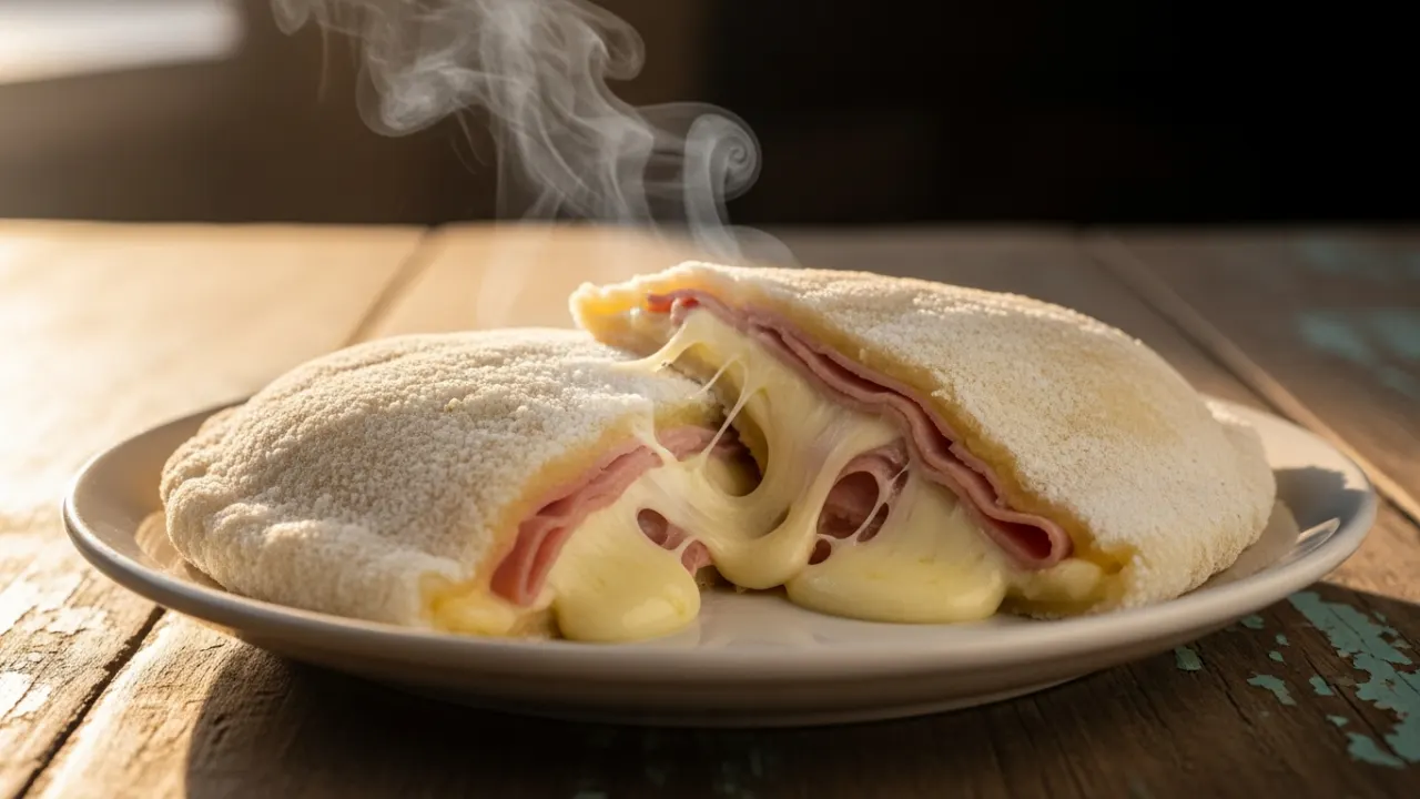 Close-up de uma tapioca recheada com queijo e presunto, dobrada ao meio em um prato, com a casquinha dourada e o queijo muçarela derretido e elástico visível no recheio.