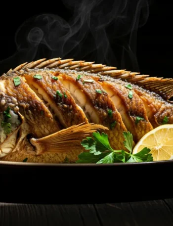 Tilápia inteira frita, com a pele bem dourada e crocante, apresentada em uma travessa rústica com gomos de limão ao lado e salsinha fresca salpicada.