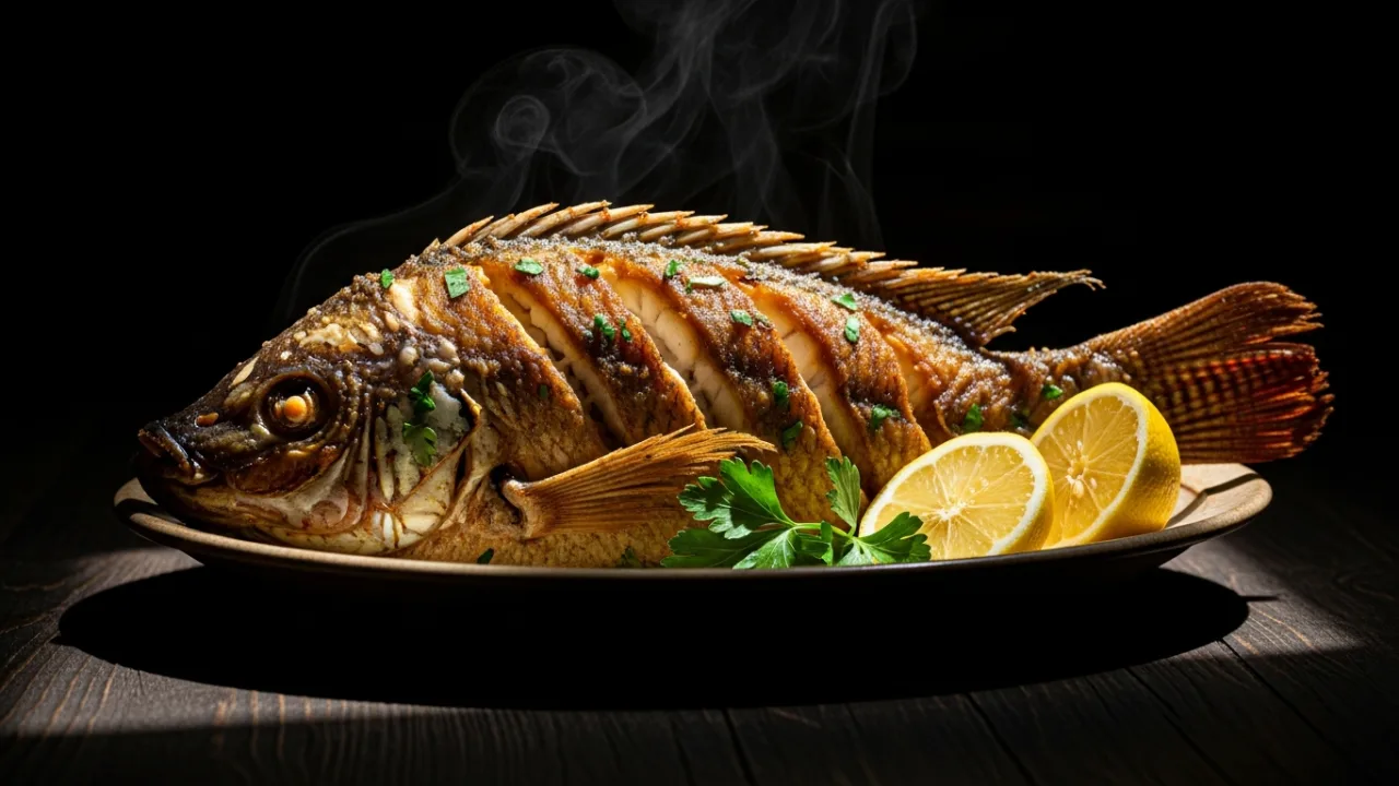 Tilápia inteira frita, com a pele bem dourada e crocante, apresentada em uma travessa rústica com gomos de limão ao lado e salsinha fresca salpicada.