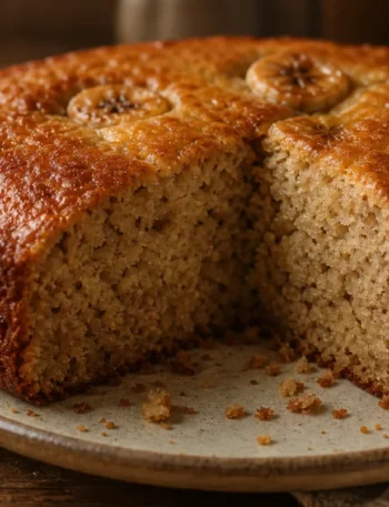Banana cake fofinho e úmido com crosta dourada e fatia revelando miolo macio sobre mesa rústica