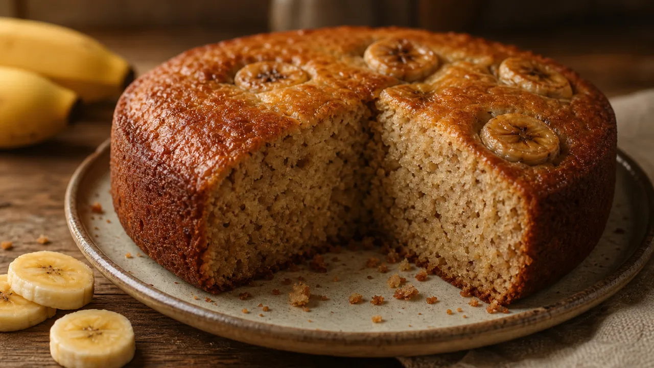 Banana cake fofinho e úmido com crosta dourada e fatia revelando miolo macio sobre mesa rústica