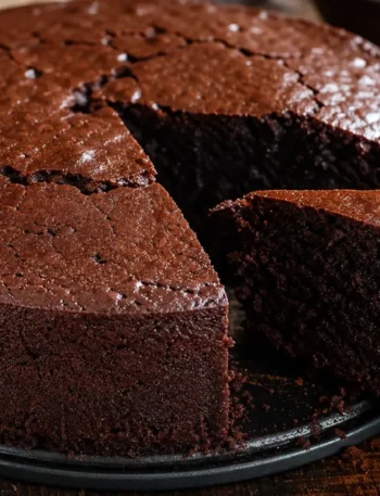 Bolo de chocolate amanteigado úmido e macio, com superfície rica em chocolate sobre mesa rústica