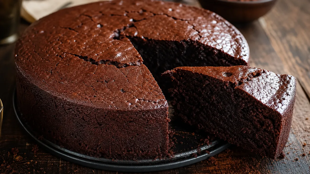 Bolo de chocolate amanteigado úmido e macio, com superfície rica em chocolate sobre mesa rústica
