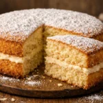 Bolo de amêndoas nuvem fofinho em camadas sobre mesa rústica
