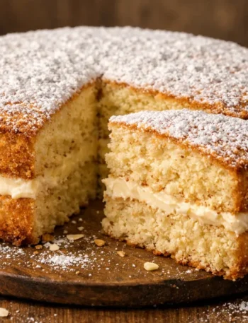 Bolo de amêndoas nuvem fofinho em camadas sobre mesa rústica