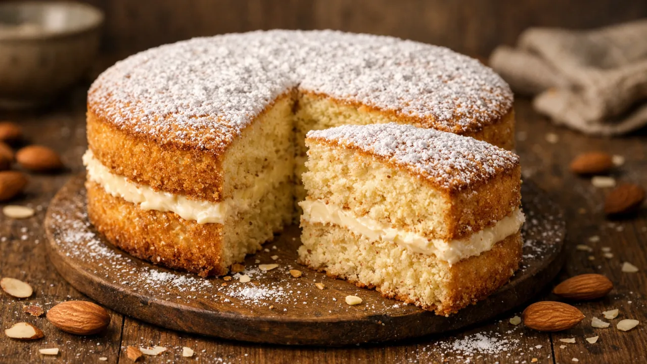 Bolo de amêndoas nuvem fofinho em camadas sobre mesa rústica