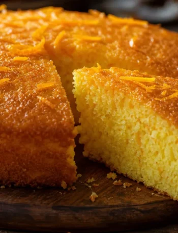 Bolo de laranja fofinho com textura macia e raspas cítricas sobre mesa rústica