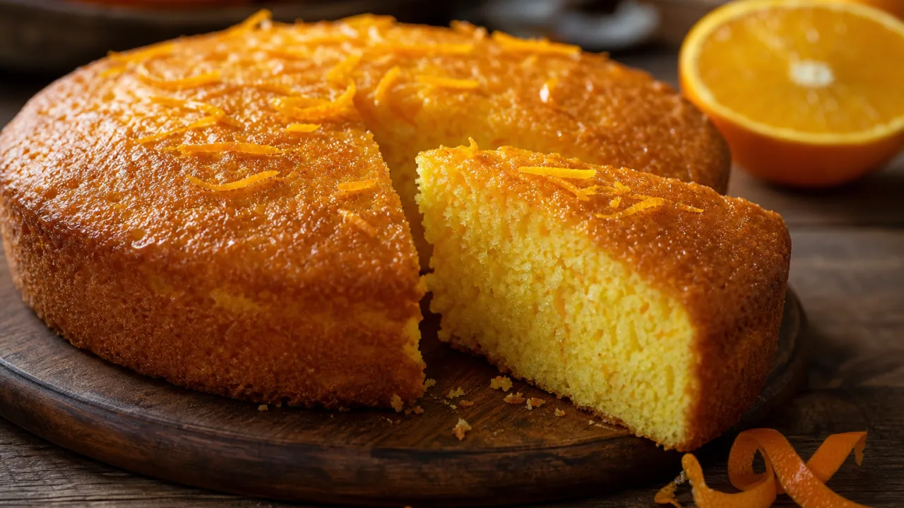 Bolo de laranja fofinho com textura macia e raspas cítricas sobre mesa rústica