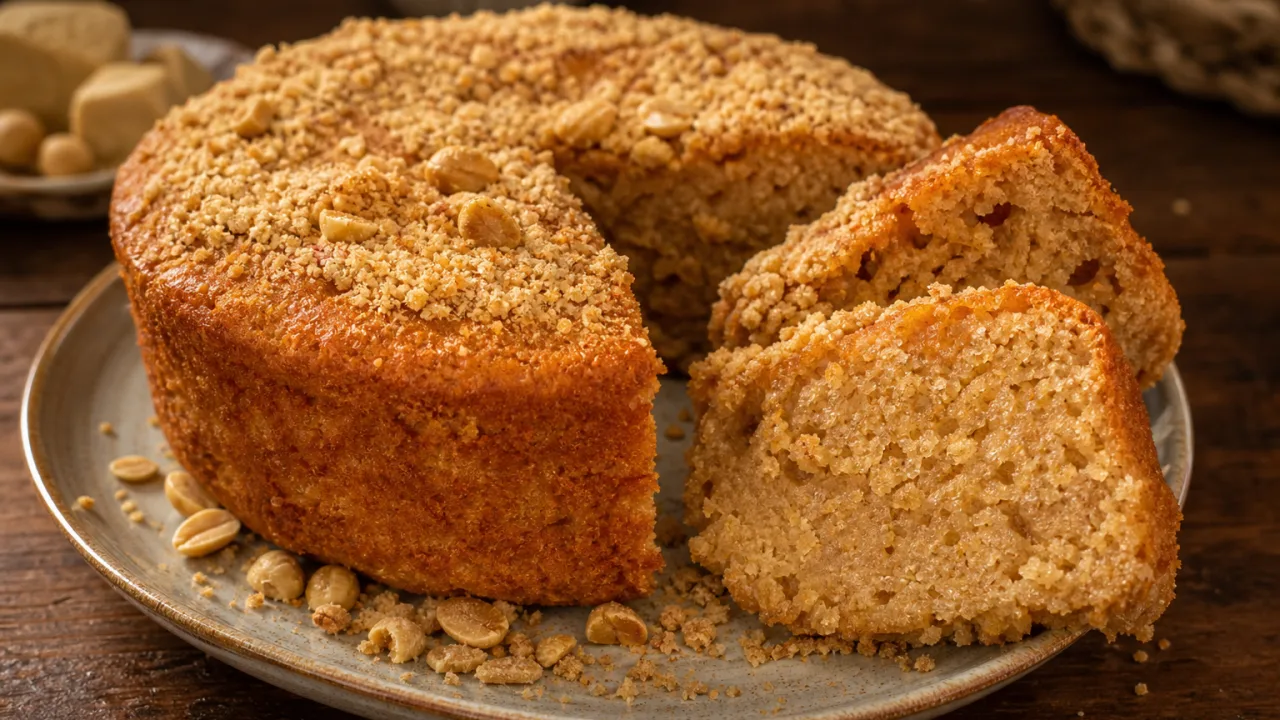 Bolo de paçoca úmido e cheiroso com cobertura de paçoca esfarelada sobre mesa de madeira
