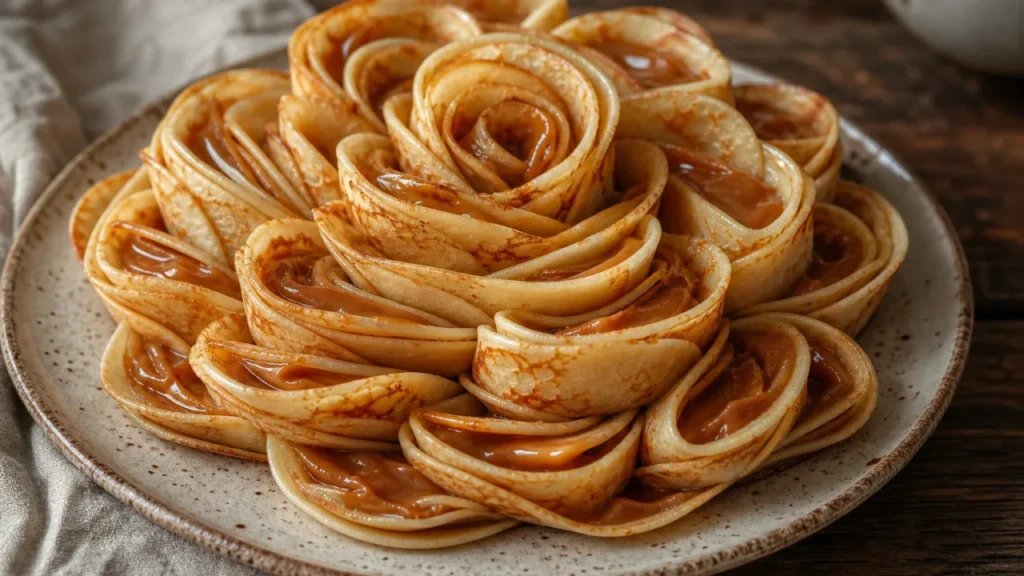 Bolo flor de crepe com doce de leite em camadas delicadas e douradas sobre mesa rústica