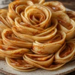 Bolo flor de crepe com doce de leite em camadas delicadas e douradas sobre mesa rústica