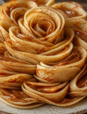 Bolo flor de crepe com doce de leite em camadas delicadas e douradas sobre mesa rústica