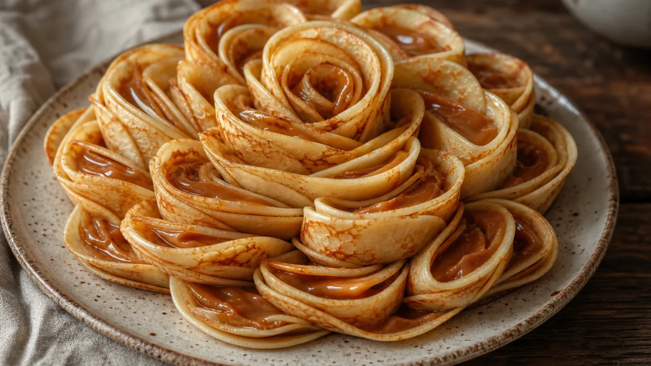 Bolo flor de crepe com doce de leite em camadas delicadas e douradas sobre mesa rústica