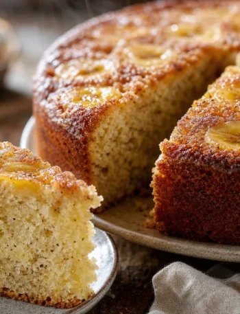 Bolo fofinho de banana com iogurte e cobertura de canela sobre mesa de madeira