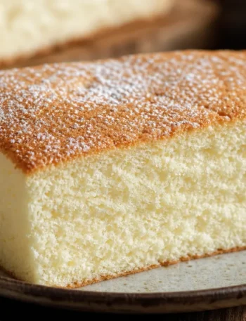 Bolo nuvem fofinho com massa dourada e interior cremoso, servido em prato rústico