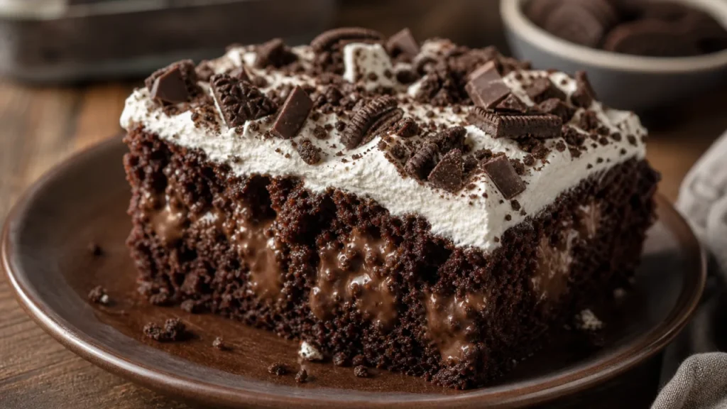 Bolo poke de chocolate cremoso com chantilly, chocolate picado e biscoito triturado sobre mesa de madeira