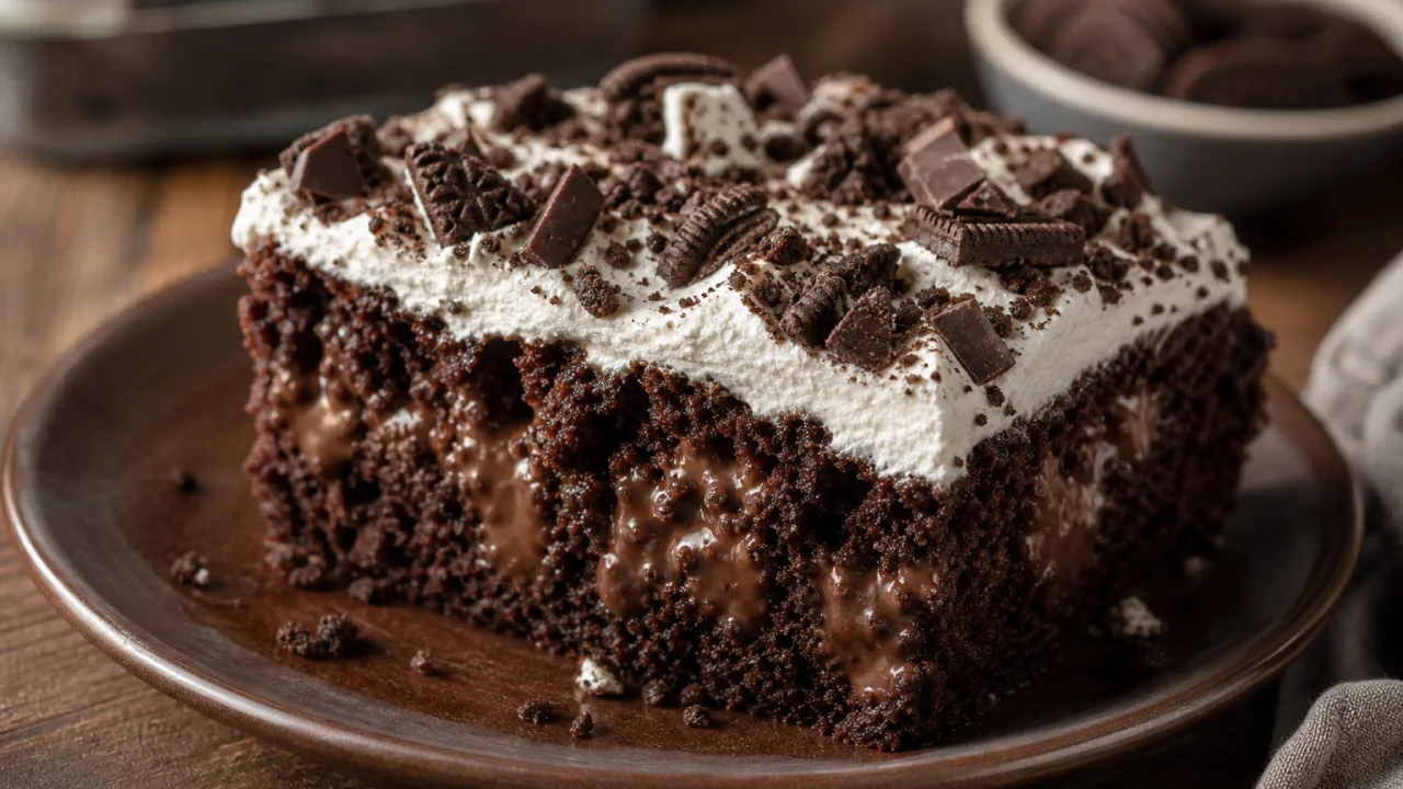 Bolo poke de chocolate cremoso com chantilly, chocolate picado e biscoito triturado sobre mesa de madeira