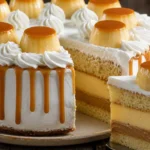 Bolo pudim gostoso com camadas de pudim, doce de leite e cobertura cremosa em mesa de madeira