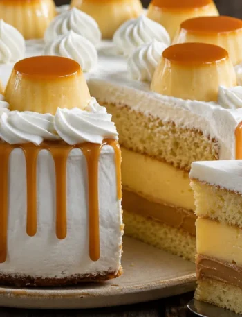 Bolo pudim gostoso com camadas de pudim, doce de leite e cobertura cremosa em mesa de madeira