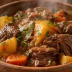 Carne de panela com batata e cenoura, molho encorpado e carne macia em tigela rústica