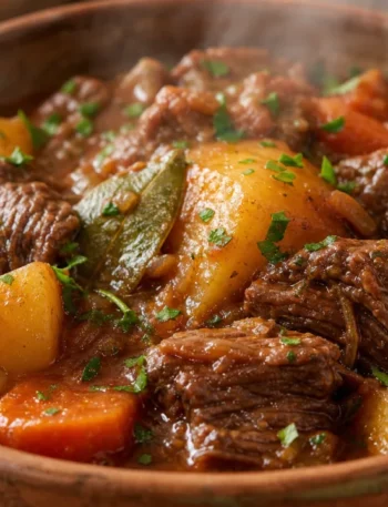 Carne de panela com batata e cenoura, molho encorpado e carne macia em tigela rústica