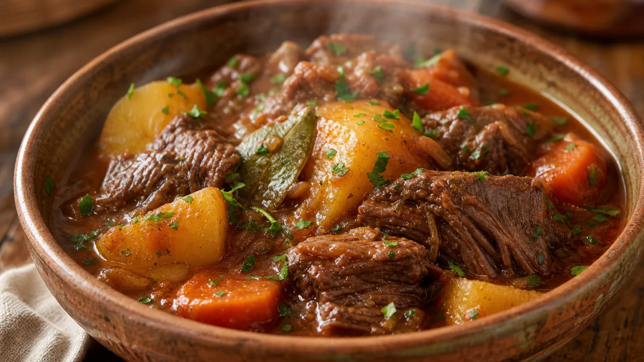 Carne de panela com batata e cenoura, molho encorpado e carne macia em tigela rústica