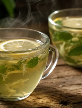 Chá verde com gengibre, limão e hortelã servido em xícaras transparentes sobre mesa rústica