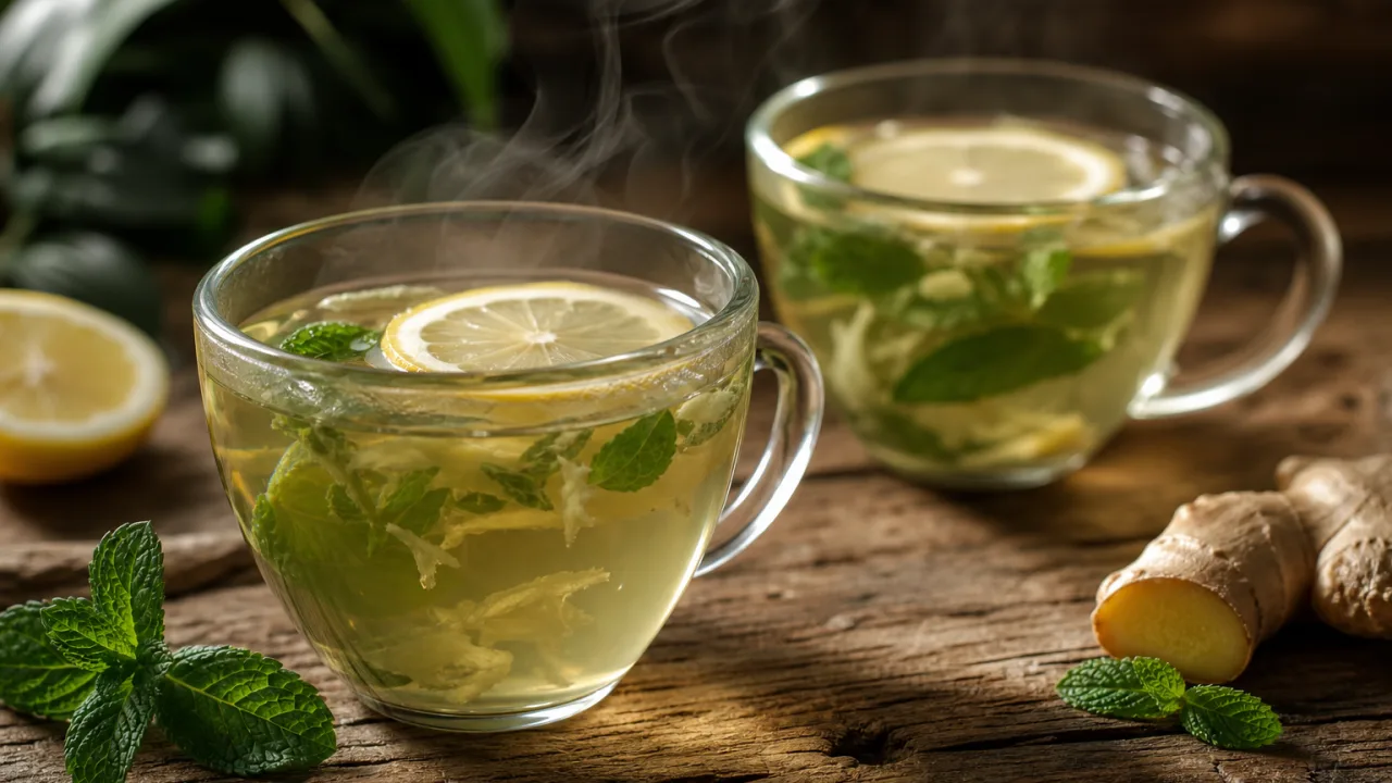 Chá verde com gengibre, limão e hortelã servido em xícaras transparentes sobre mesa rústica
