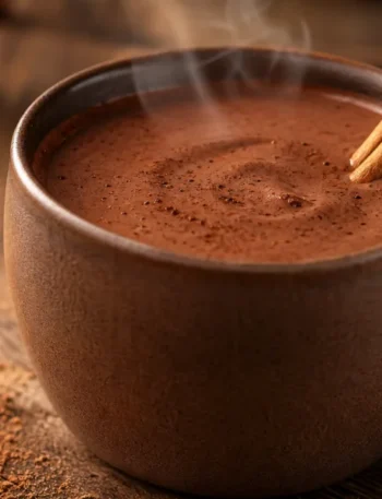 Chocolate quente cremoso com canela em caneca rústica, com vapor suave e textura aveludada