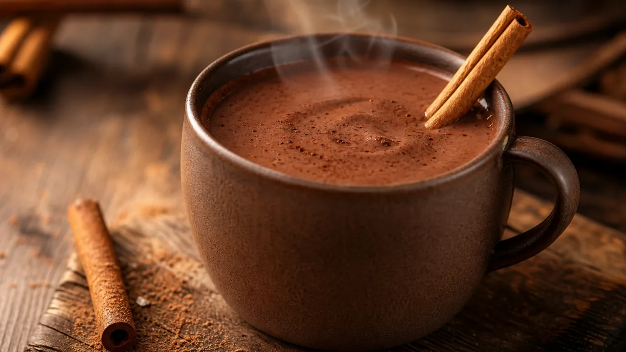 Chocolate quente cremoso com canela em caneca rústica, com vapor suave e textura aveludada