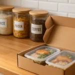 Mesa de cozinha organizada com potes etiquetados e marmitas caseiras prontas para enviar em caixa de entrega aberta
