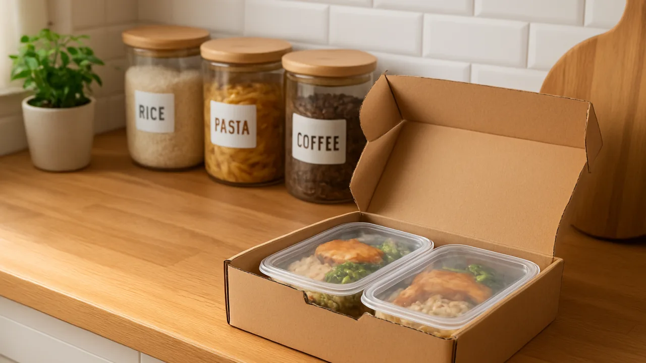 Mesa de cozinha organizada com potes etiquetados e marmitas caseiras prontas para enviar em caixa de entrega aberta
