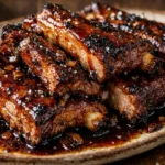 Costelinha assada com goiabada e melado, dourada e caramelizada em prato rústico com molho brilhante