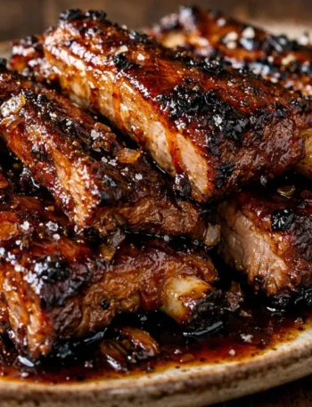 Costelinha assada com goiabada e melado, dourada e caramelizada em prato rústico com molho brilhante