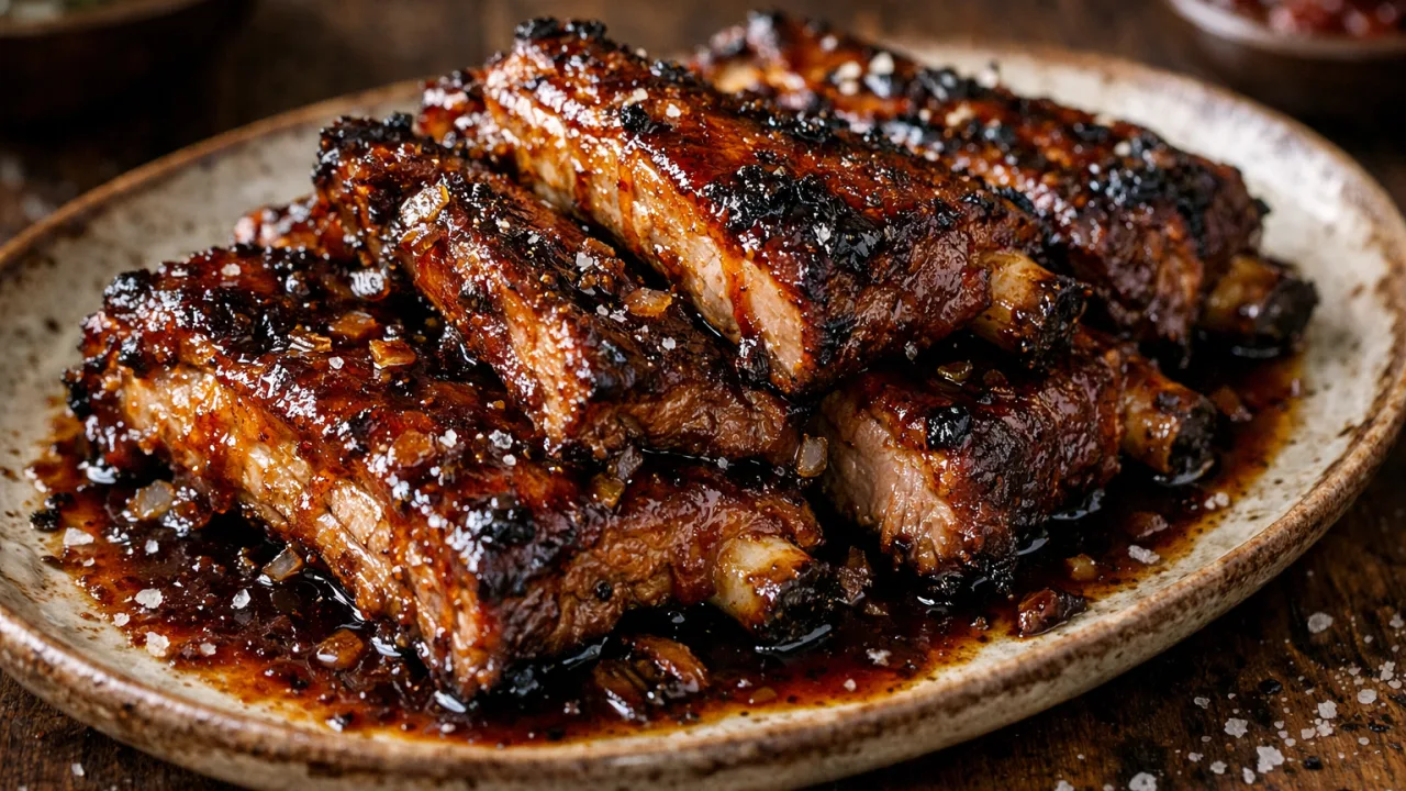 Costelinha assada com goiabada e melado, dourada e caramelizada em prato rústico com molho brilhante