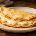 Crepe de queijo dourado com queijo derretido servida em prato rústico