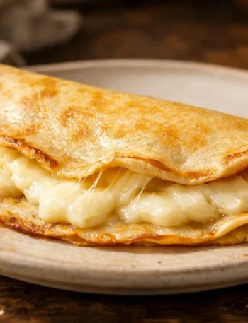 Crepe de queijo dourado com queijo derretido servida em prato rústico