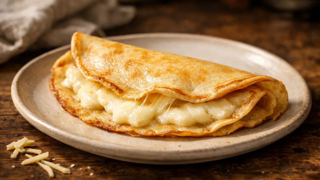 Crepe de queijo dourado com queijo derretido servida em prato rústico