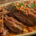 Cupim na pressão desmanchando com molho brilhante, tomate, cebola e cheiro-verde em travessa rústica