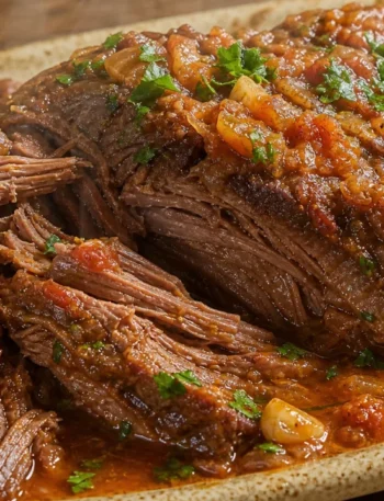 Cupim na pressão desmanchando com molho brilhante, tomate, cebola e cheiro-verde em travessa rústica