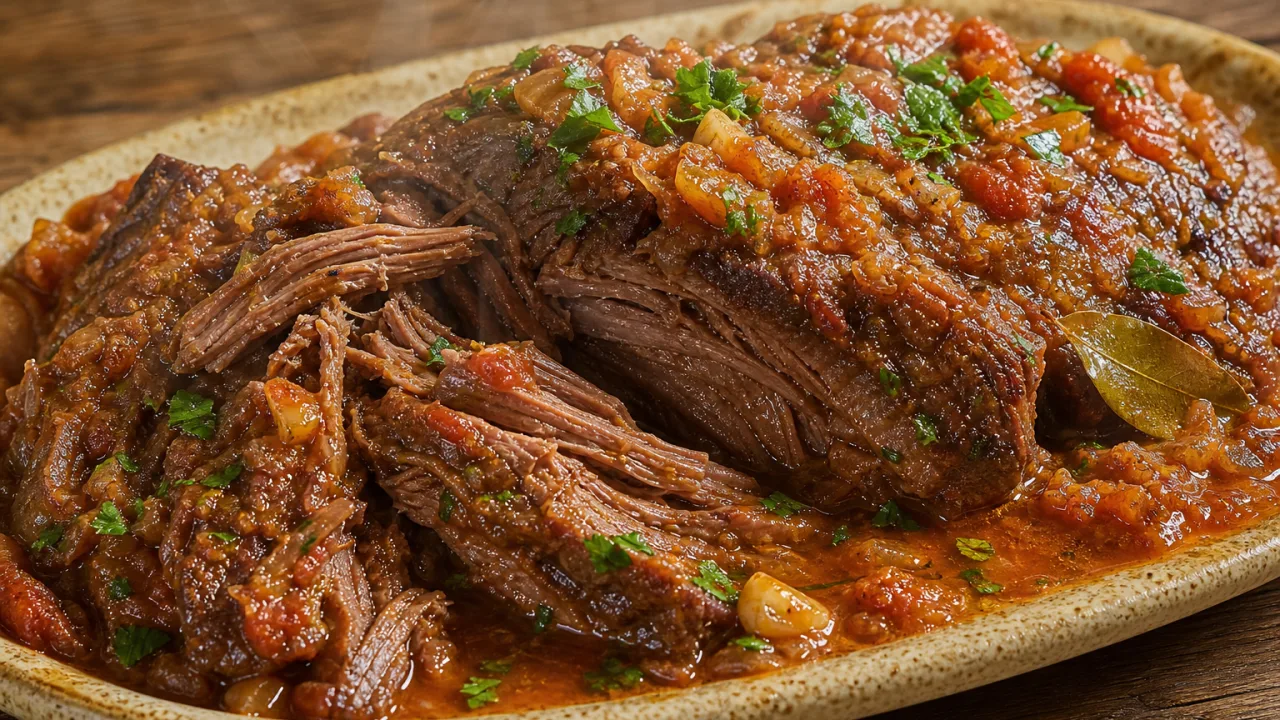 Cupim na pressão desmanchando com molho brilhante, tomate, cebola e cheiro-verde em travessa rústica