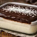 Doce gelado de coco com chocolate em travessa, com camadas cremosas e cobertura brilhante