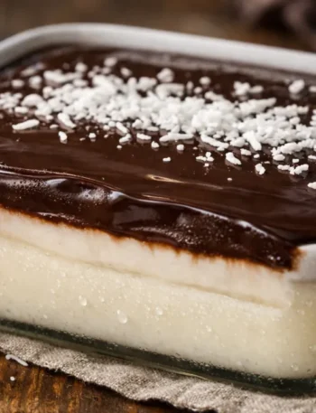 Doce gelado de coco com chocolate em travessa, com camadas cremosas e cobertura brilhante