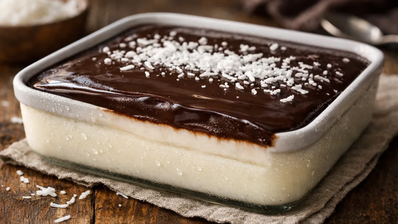 Doce gelado de coco com chocolate em travessa, com camadas cremosas e cobertura brilhante